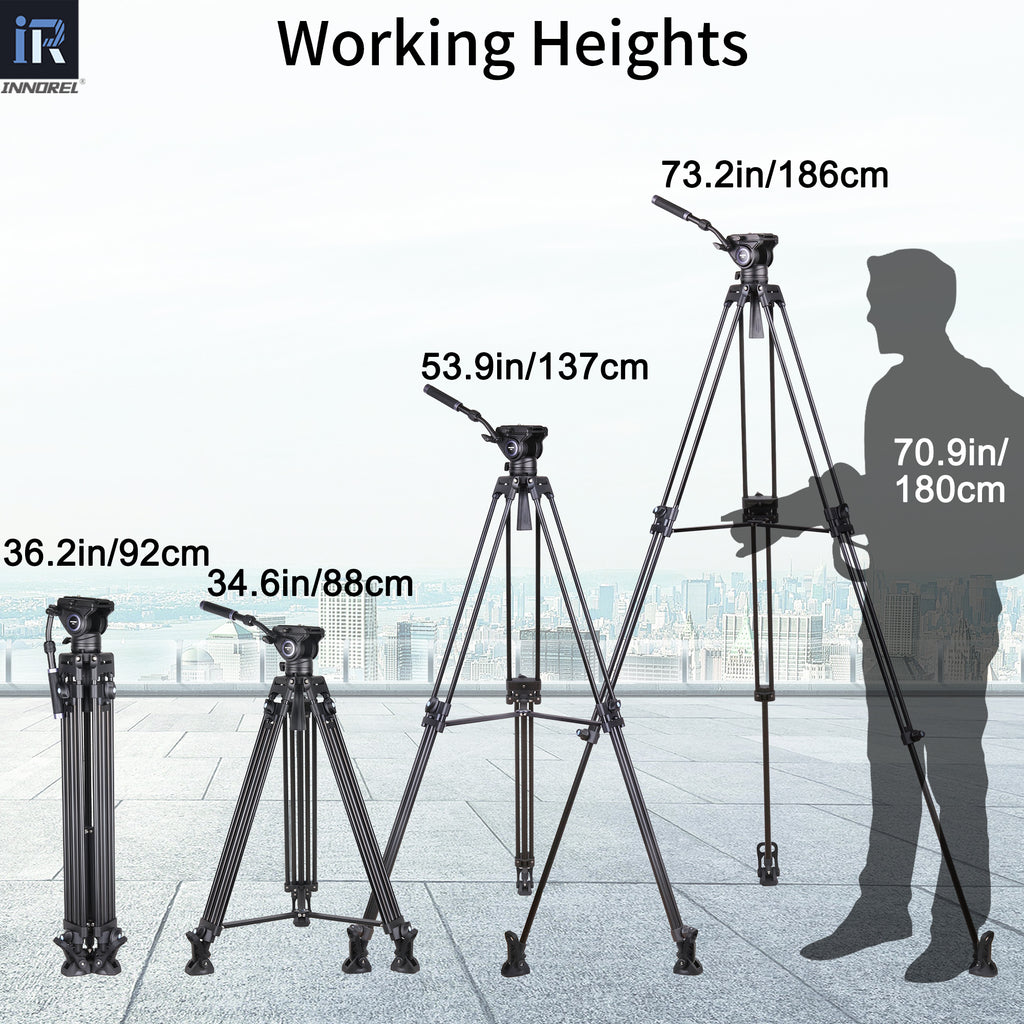Video camera tripod with labeled working heights and a person for scale.