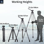 Video camera tripod with labeled working heights and a person for scale.