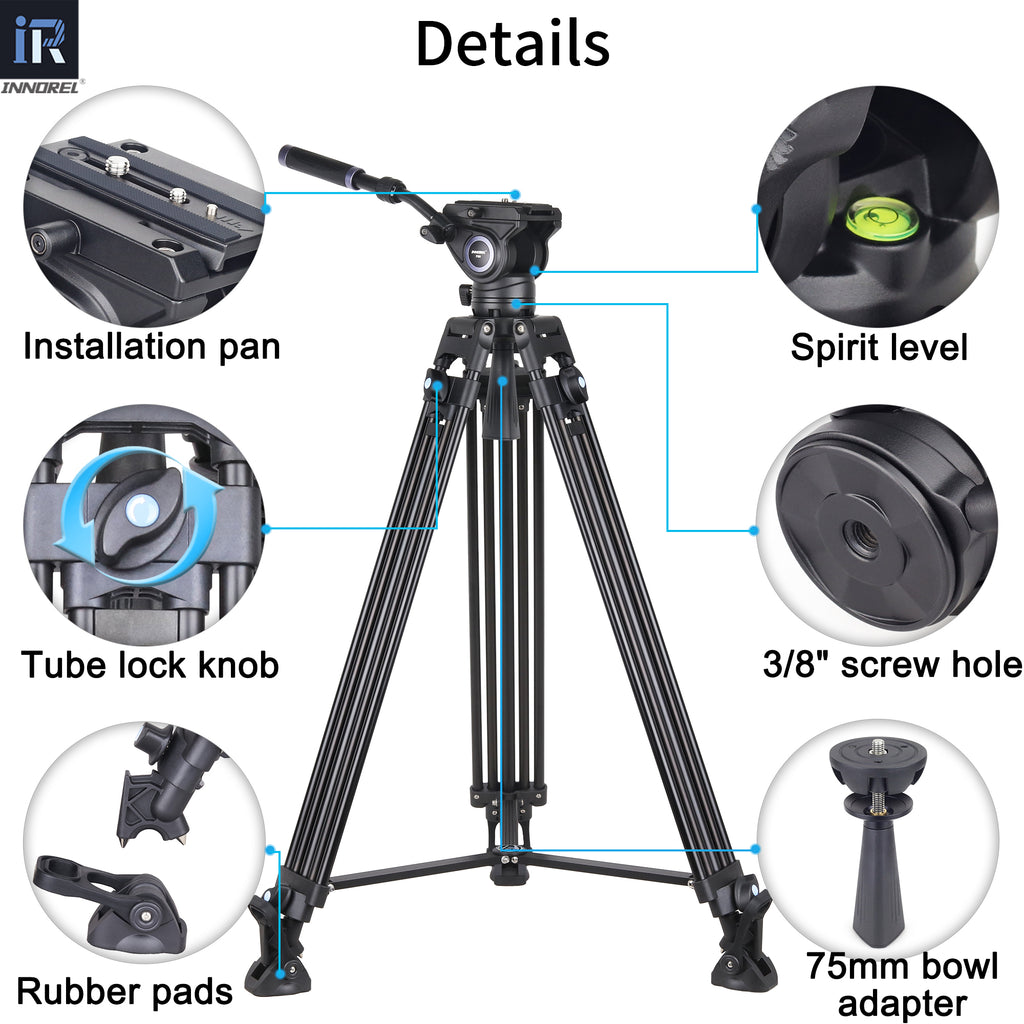Camera tripod with labeled features on a white background