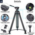 Camera tripod with labeled features on a white background