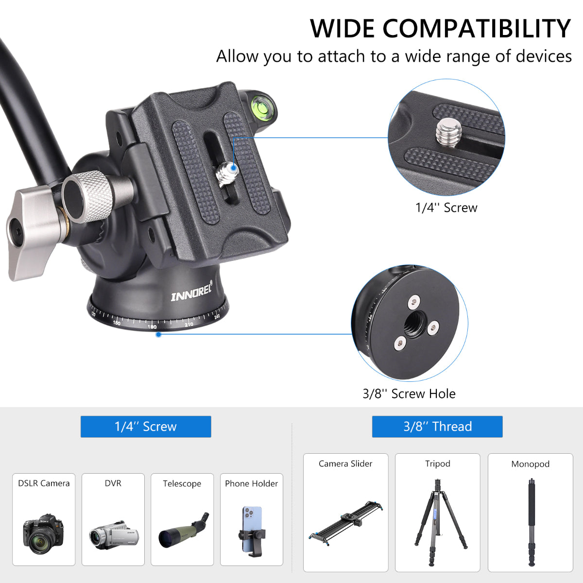 INNOREL F03 fluid vedio head with 3/8-inch thread compatible with tripod camera slider monopod and with 1/4in screw compatible with DSLR DVR telescope phone holder