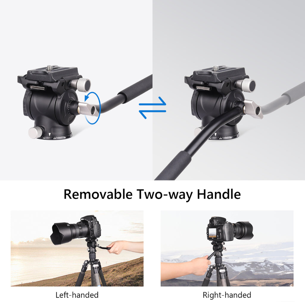 F03 fluid head features removable handle quick detachment for packing interchangeable left or right position for ergonomic control