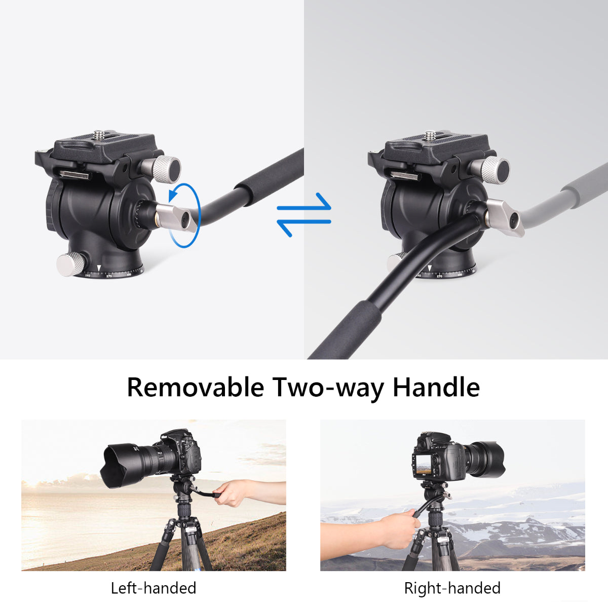 F03 fluid head features removable handle quick detachment for packing interchangeable left or right position for ergonomic control