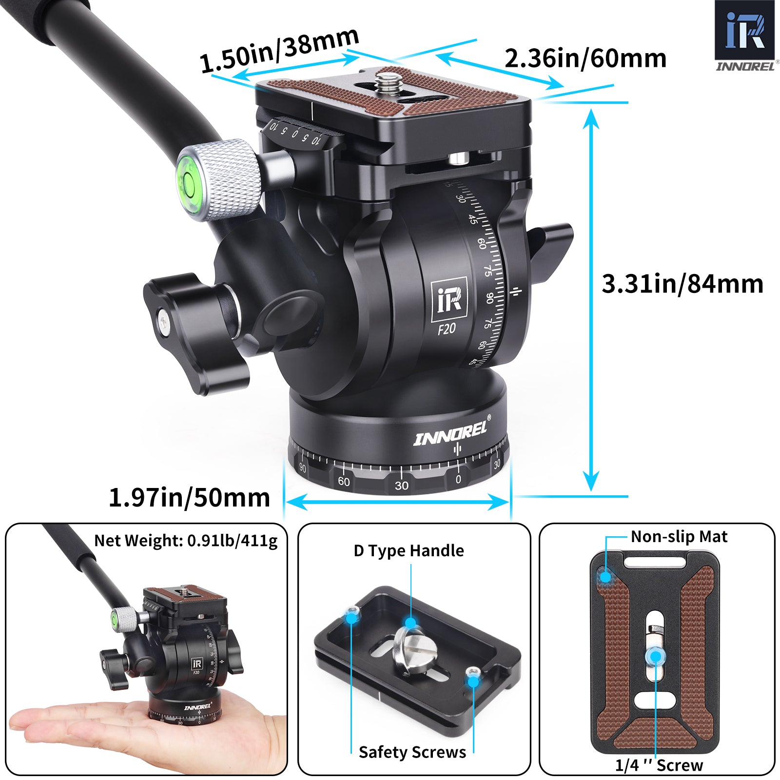 INNOREL F20 Details Mini Pan Metal Camera Tripod Fluid Head Gifts Details Exchange Handle