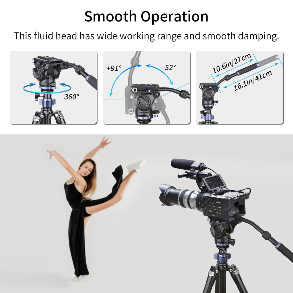 F60 fluid head has wide working range and smooth damping