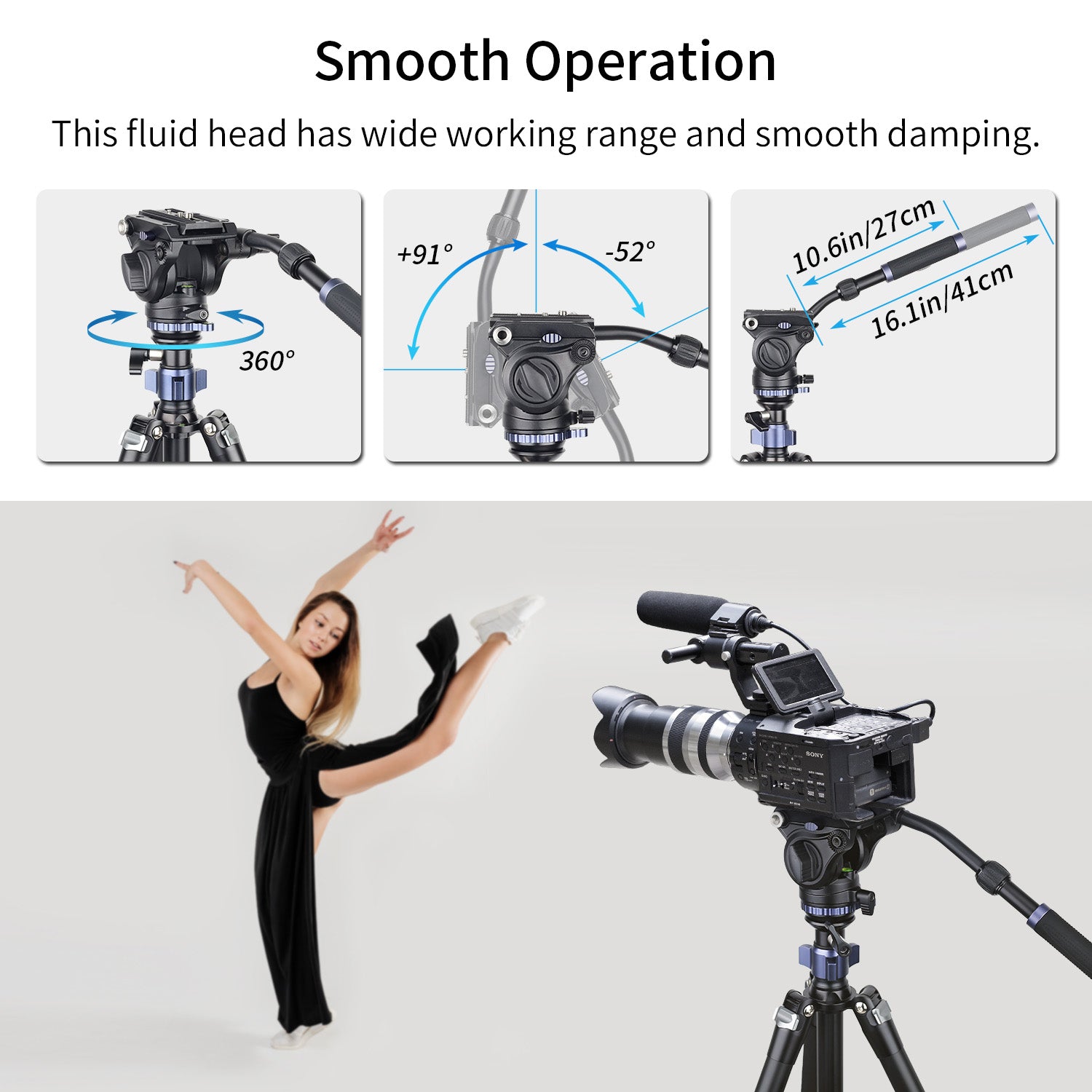 F60 fluid head has wide working range and smooth damping