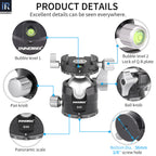 G40 ballhead detail showing dual bubble levels for precise levelling panoramic locking knob panknob ball knob panoramic scale