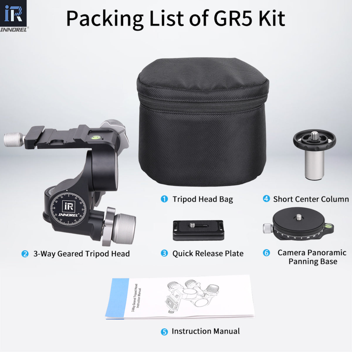 GR5 kit package include 3 way gear tripod head quick release plate center column panoramic panning base instruction manual