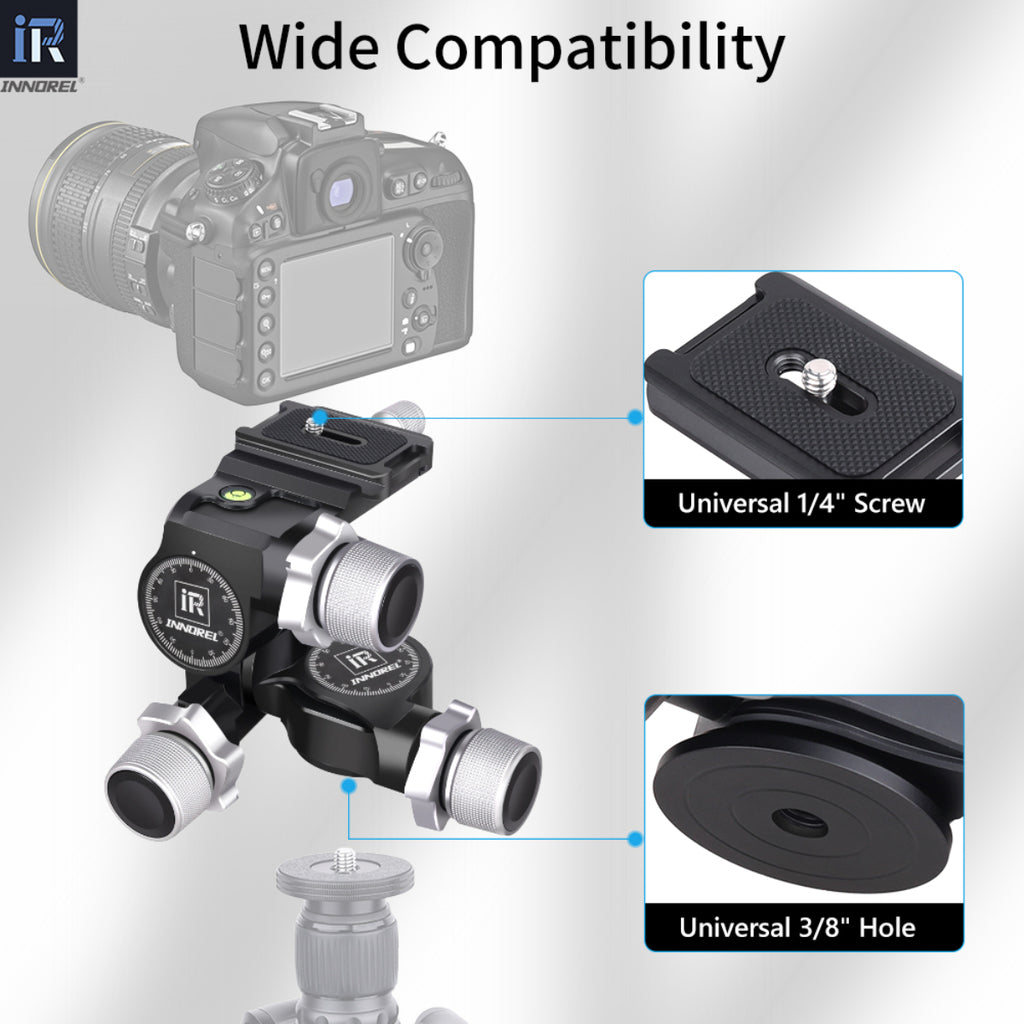 INNOREL GR5 geared tripod head with universal 3/8 inch hole and 1/4in screw compatible with tripod cameras