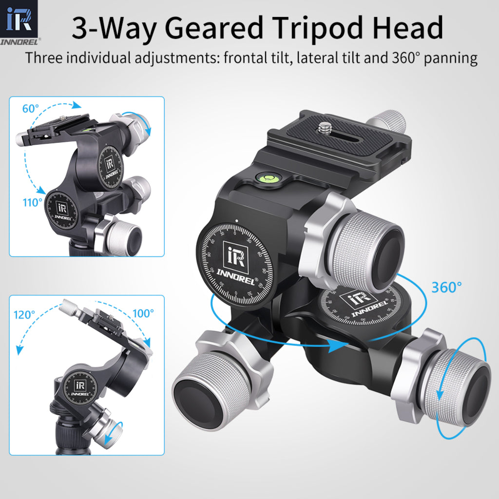 GR5 geared tripod head 3 way individual adjustment with frontal tilt lateral tilt and 360° panning
