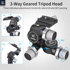 GR5 geared tripod head 3 way individual adjustment with frontal tilt lateral tilt and 360° panning