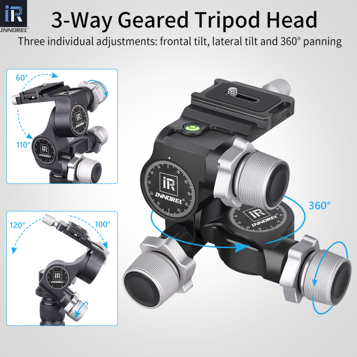 GR5 geared tripod head 3 way individual adjustment with frontal tilt lateral tilt and 360° panning
