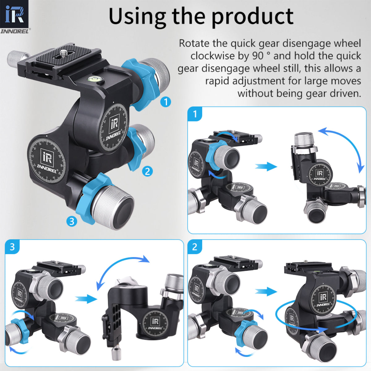 Aluminum Alloy 3 Way Geared Tripod Head INNOREL GR5