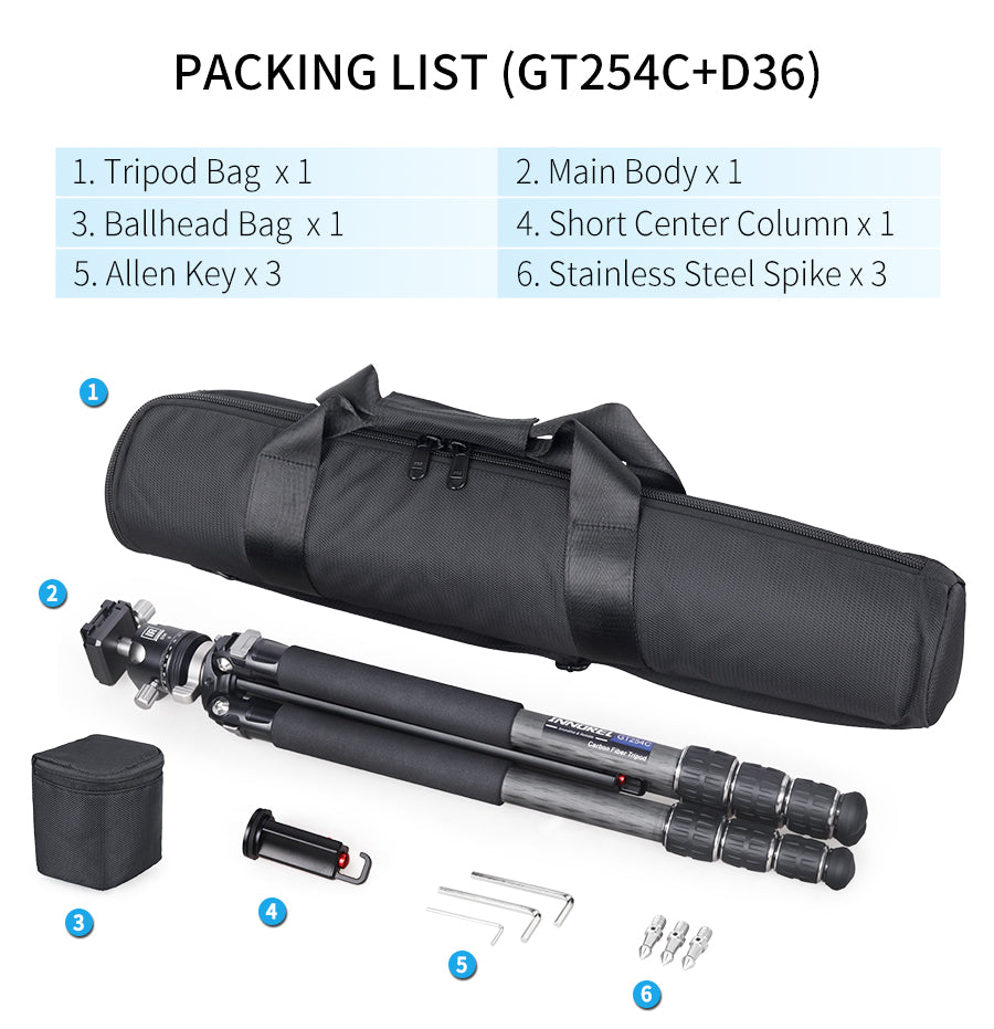 INNOREL GT254C+D36 kit package including tripod bag tripod ballhead bag ballhead short center column allen key  stainless steel spike