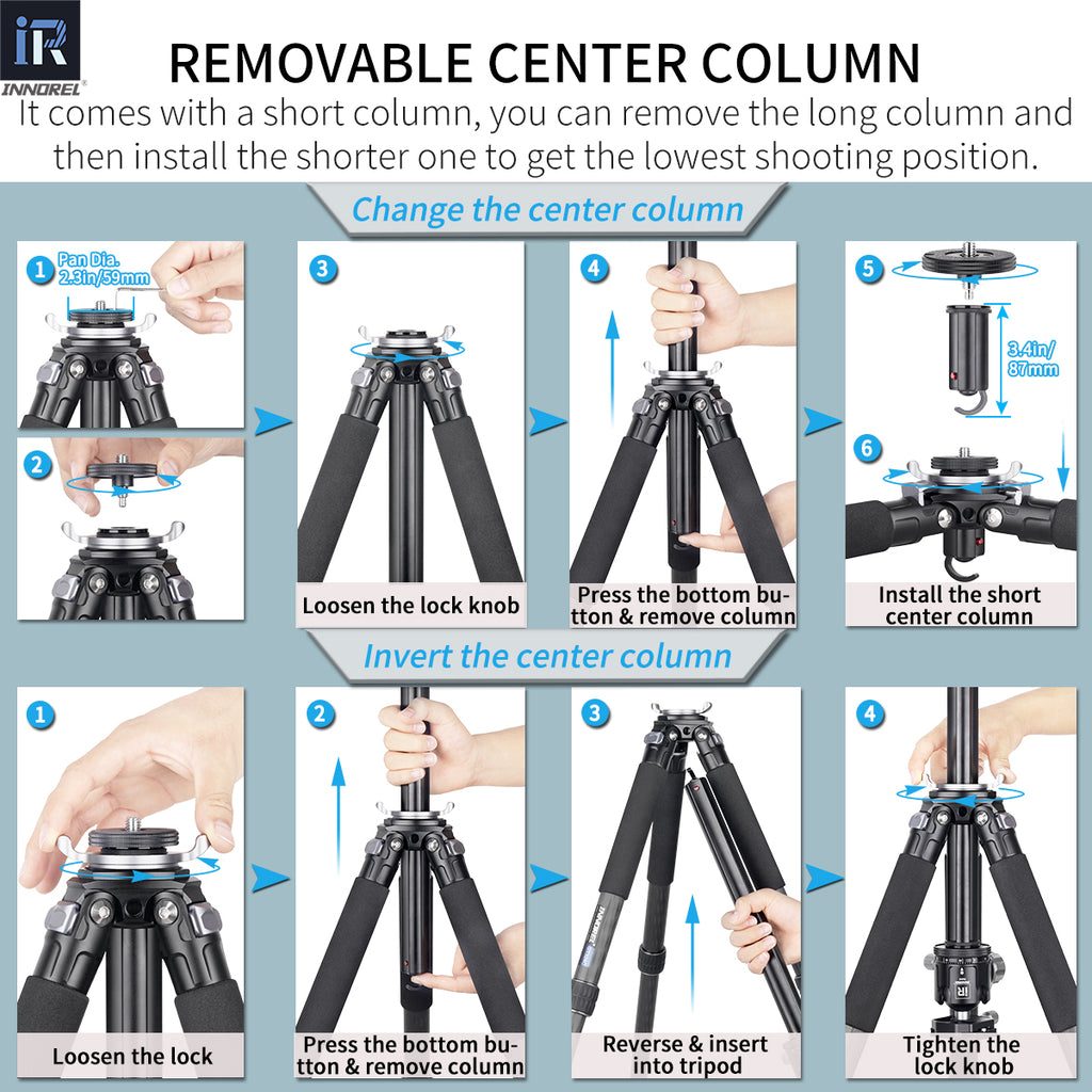 Installation steps for GT324C central column. The long column can be removed and the short center column can be installed.