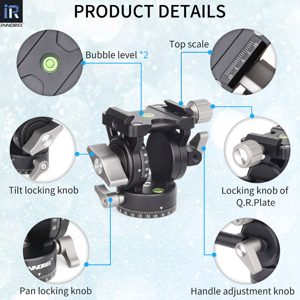 H10 fluid vedio head detail showing dual bubble levels top scale tilt locking knob pan locking knob handle adjustment knob