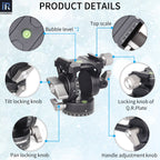 H10 fluid vedio head detail showing dual bubble levels top scale tilt locking knob pan locking knob handle adjustment knob