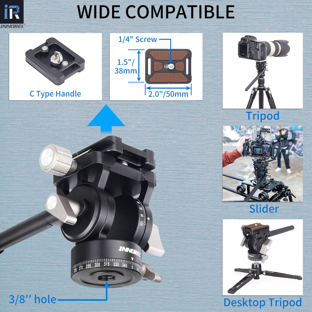 INNOREL H10 fluid tripod head with 3/8-inch hole compatible with tripod slider desktop tripod with C Type handle