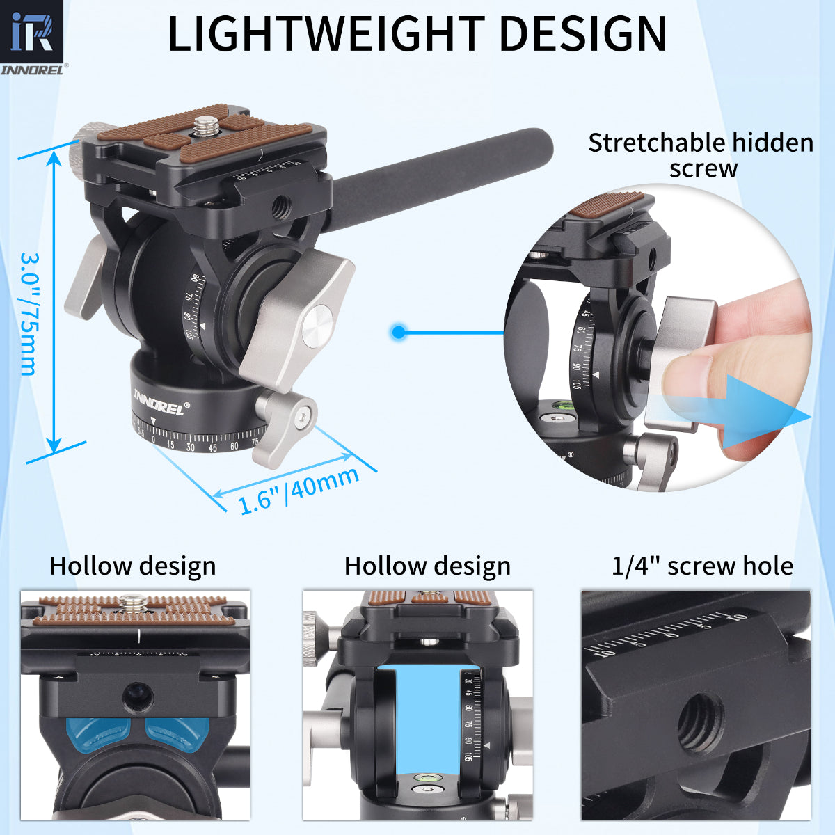 INNOREL H10 fluid vedio haed lightweight design with stretchable hidden screw hollow design and 1/4in screw hole
