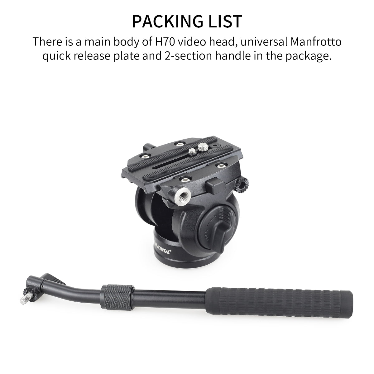 The H70 packaging list includes the H70 body, handle, and quick release plate