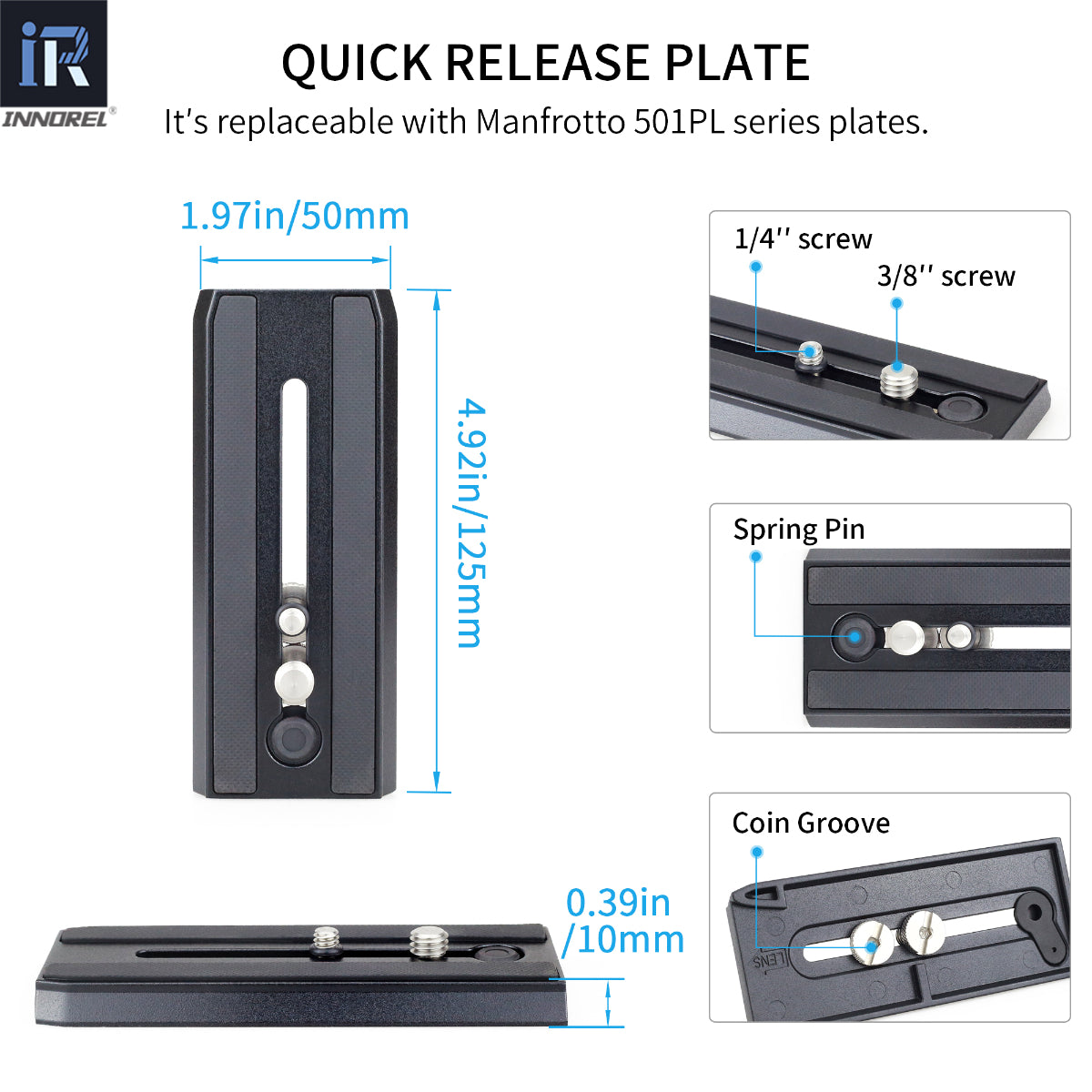 125*50mm manfrotto quick release plate with 1/4" & 3/8" screw