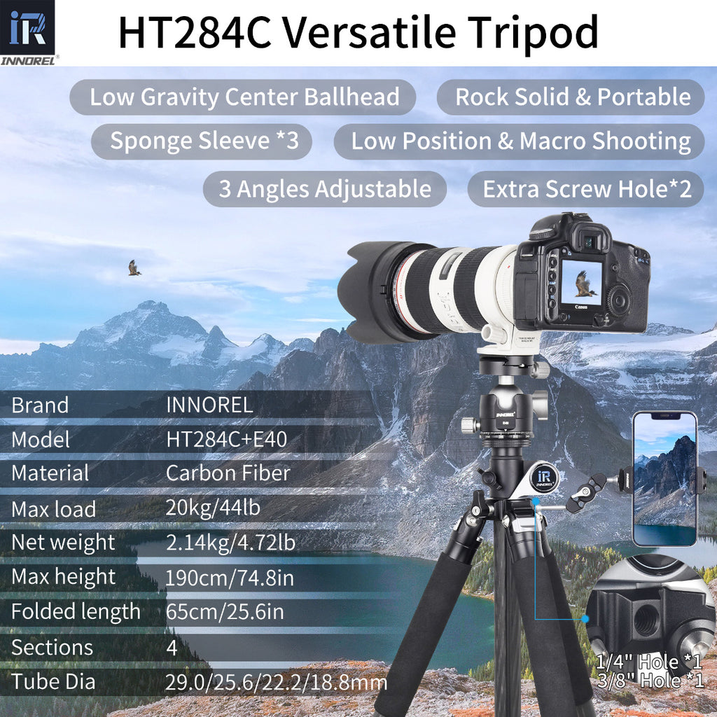 HT284C tripod with E40 ballhead specifications including 190cm max height 2.14kg weight 20kg load 10-layer carbon tube