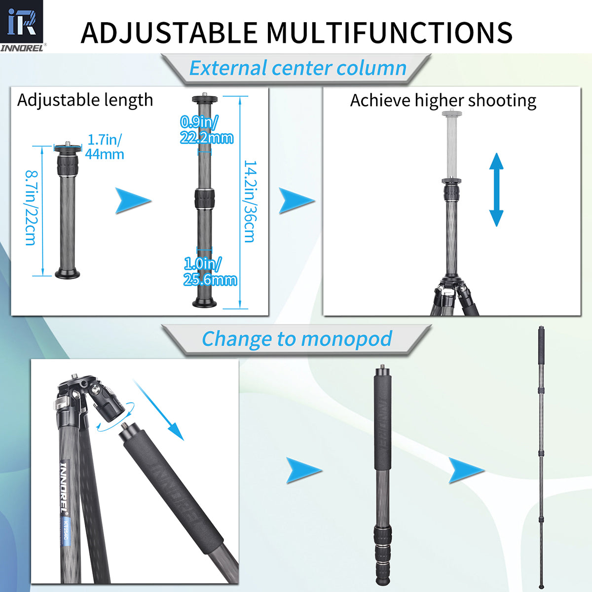INNOREL KT254C tripod center column fully extended 36cm with adjustable length. One leg can become a monopod.