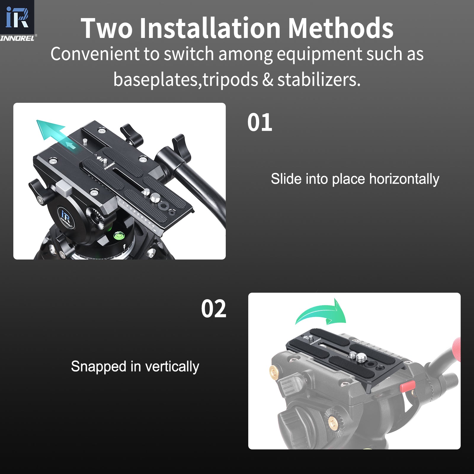 innorel QV120 Quick Release Plate Convenient to switch among equipment such as baseplates,tripods & stabilizers.Slide into place horizontally;Snapped in vertically