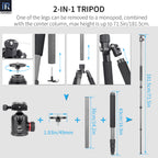 One of the NT75C tripod legs can be removed to a monopod combined
with the center column max height is up to 71.5in/181.5cm 