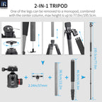 One of the NT85C tripod legs can be removed to a monopod combined
with the center column max height is up to 77.0in/195.5cm 