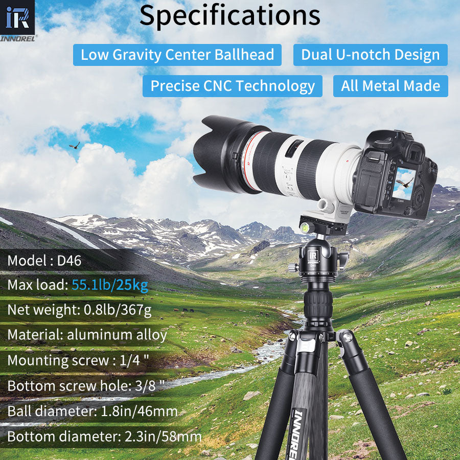A camera with a large telephoto lens mounted on a tripod, shown over a scenic mountain landscape. The image includes text overlays detailing the specifications of the INNOKEE Model D46 tripod, such as low gravity center ballhead, dual U-notch design, and aluminum alloy construction.