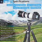 A camera with a large telephoto lens mounted on a tripod, shown over a scenic mountain landscape. The image includes text overlays detailing the specifications of the INNOKEE Model D46 tripod, such as low gravity center ballhead, dual U-notch design, and aluminum alloy construction.