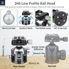 An infographic comparing the low-profile ball head of the IRINNEEL D46 with a standard 'Normal' model. It features dimension annotations (46mm/1.