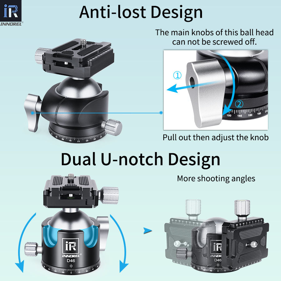 Promotional infographic for an Innoreel ball head camera mount, showing the product from multiple angles with callouts for anti-lost design and dual U-notch design, on a pale blue background.