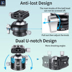 Promotional infographic for an Innoreel ball head camera mount, showing the product from multiple angles with callouts for anti-lost design and dual U-notch design, on a pale blue background.