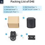 Packing list graphic for a D46 mount showing five included items: a brown cardboard product box, a black cylindrical ball bag, a black ball head, a black mounting plate, and a small silver screw, with numbered labels and a text list at the top.