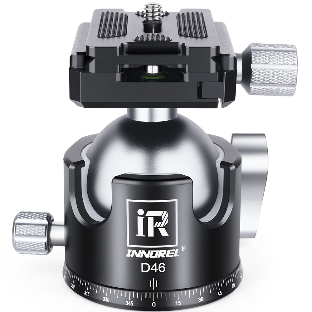 An Innorel D46 ball head camera tripod mount, featuring a black and silver aluminum design with a quick-release platform on top and adjustment knobs on the sides, set against a plain white background.