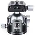 An Innorel D46 ball head camera tripod mount, featuring a black and silver aluminum design with a quick-release platform on top and adjustment knobs on the sides, set against a plain white background.