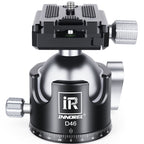 An Innorel D46 ball head camera tripod mount, featuring a black and silver aluminum design with a quick-release platform on top and adjustment knobs on the sides, set against a plain white background.