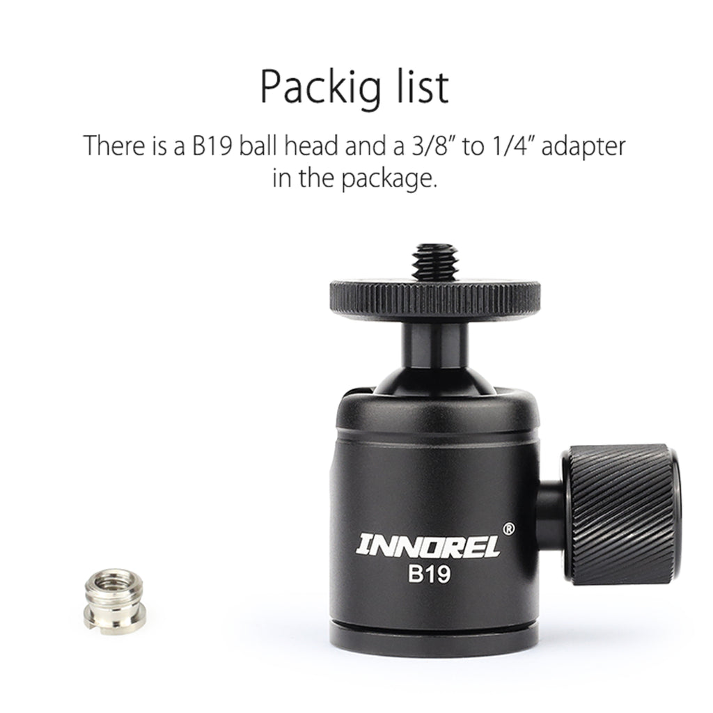 the packing listing including a B19 ball head and a 3/8" to 1/4" adapter 