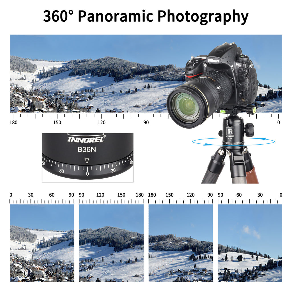 INNOREL B36N ballhead in use for 360-degree panoramic photography allowing smooth camera rotation for multi-shot panoramas
