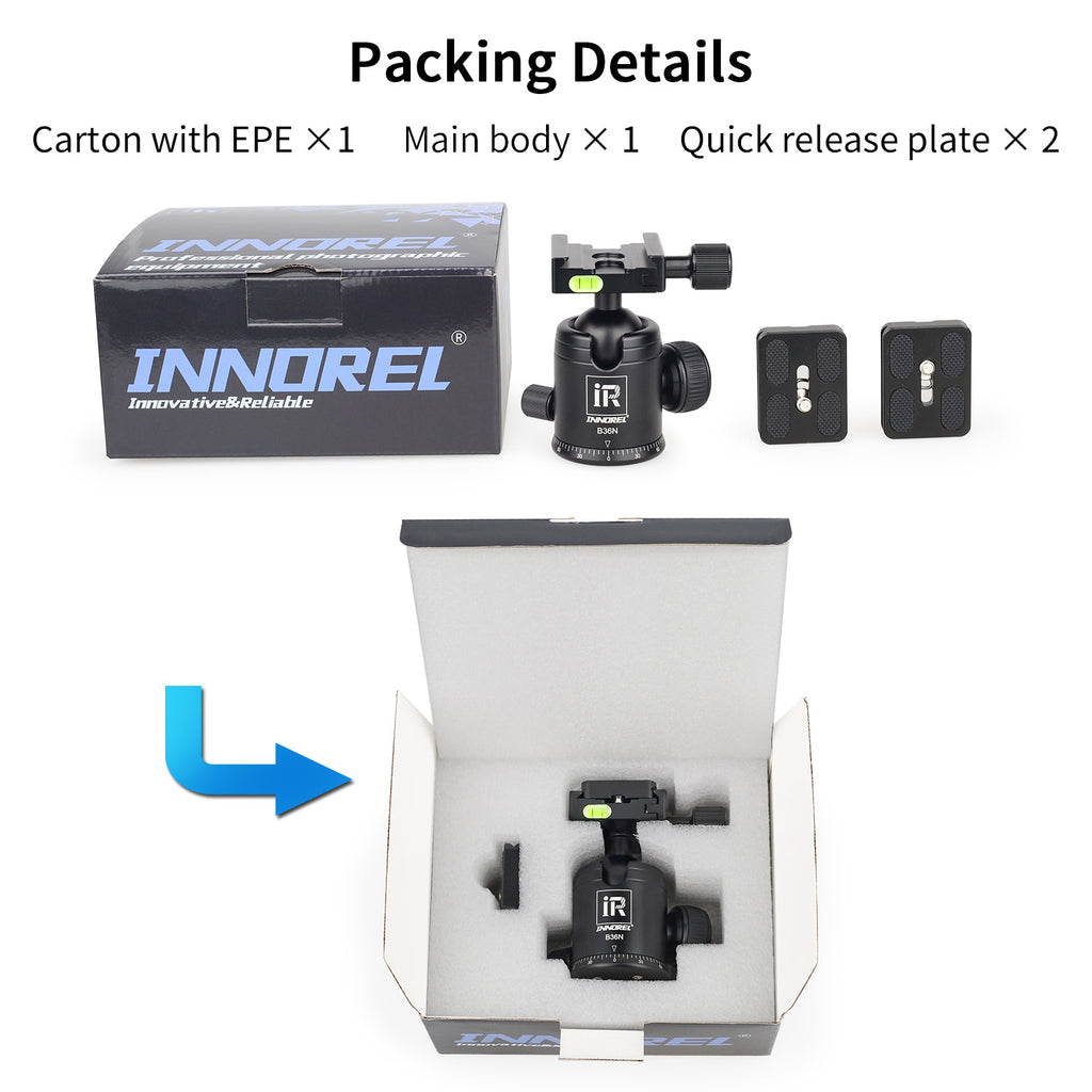 INNOREL B36N ballhead package includes ballhead 2 quick release plate carton with EPE