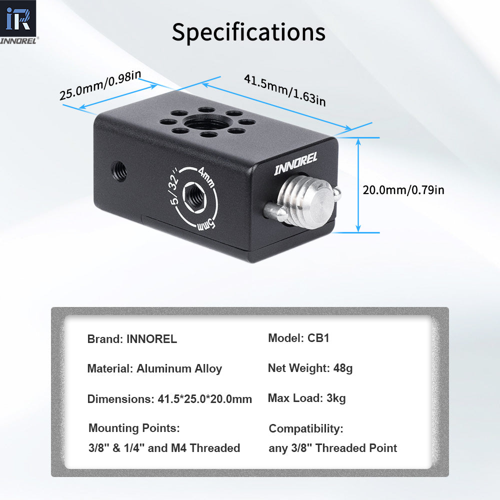 INNOREL CB1 aluminum alloy cheese handle specifications including width 25mm length 61.5mm height 20mm max load 3kg mounting points 3/8"& 1/4" and M4 threaded 