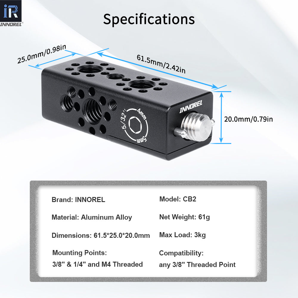 INNOREL CB2 aluminum alloy cheese handle specifications including width 25mm length 61.5mm height 20mm max load 3kg mounting points 3/8"& 1/4" and M4 threaded 
