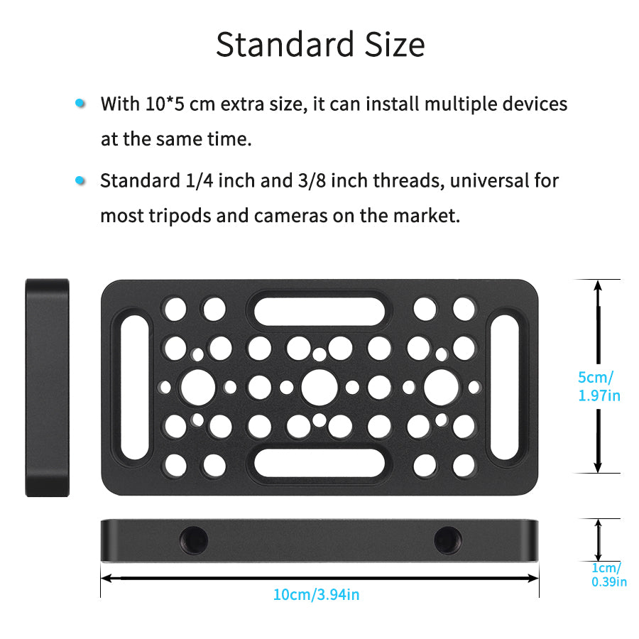 Black metal mounting plate shown from top and side views with text describing standard size dimensions and thread compatibility.