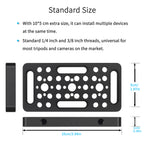 Black metal mounting plate shown from top and side views with text describing standard size dimensions and thread compatibility.
