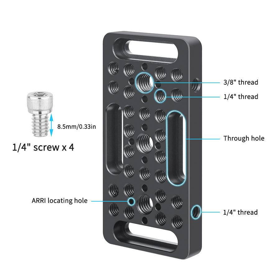 Black metal phone case mounting plate with threaded screw holes, ARRI locating holes, and a separate 1/4 inch screw shown on a white background with callout labels.