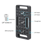 Black metal phone case mounting plate with threaded screw holes, ARRI locating holes, and a separate 1/4 inch screw shown on a white background with callout labels.