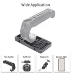 A gray C-shaped camera handle grip with a mounting base, shown under the heading 'Wide Application' with smaller inset examples labeled 'Top handle,' 'Ballhead,' 'Magic arm,' and 'Camera light' on a white background.