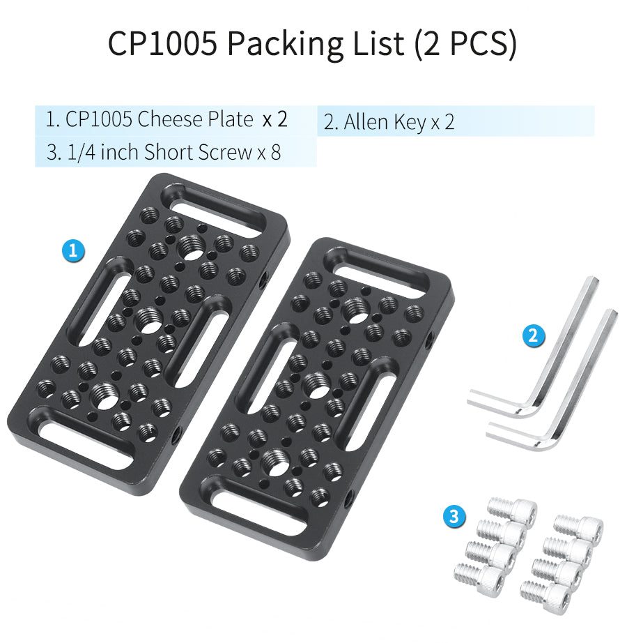 Packing list graphic for CP1005 showing two black metal cheese plates, two Allen keys, and eight small screws on a white background with text labels.